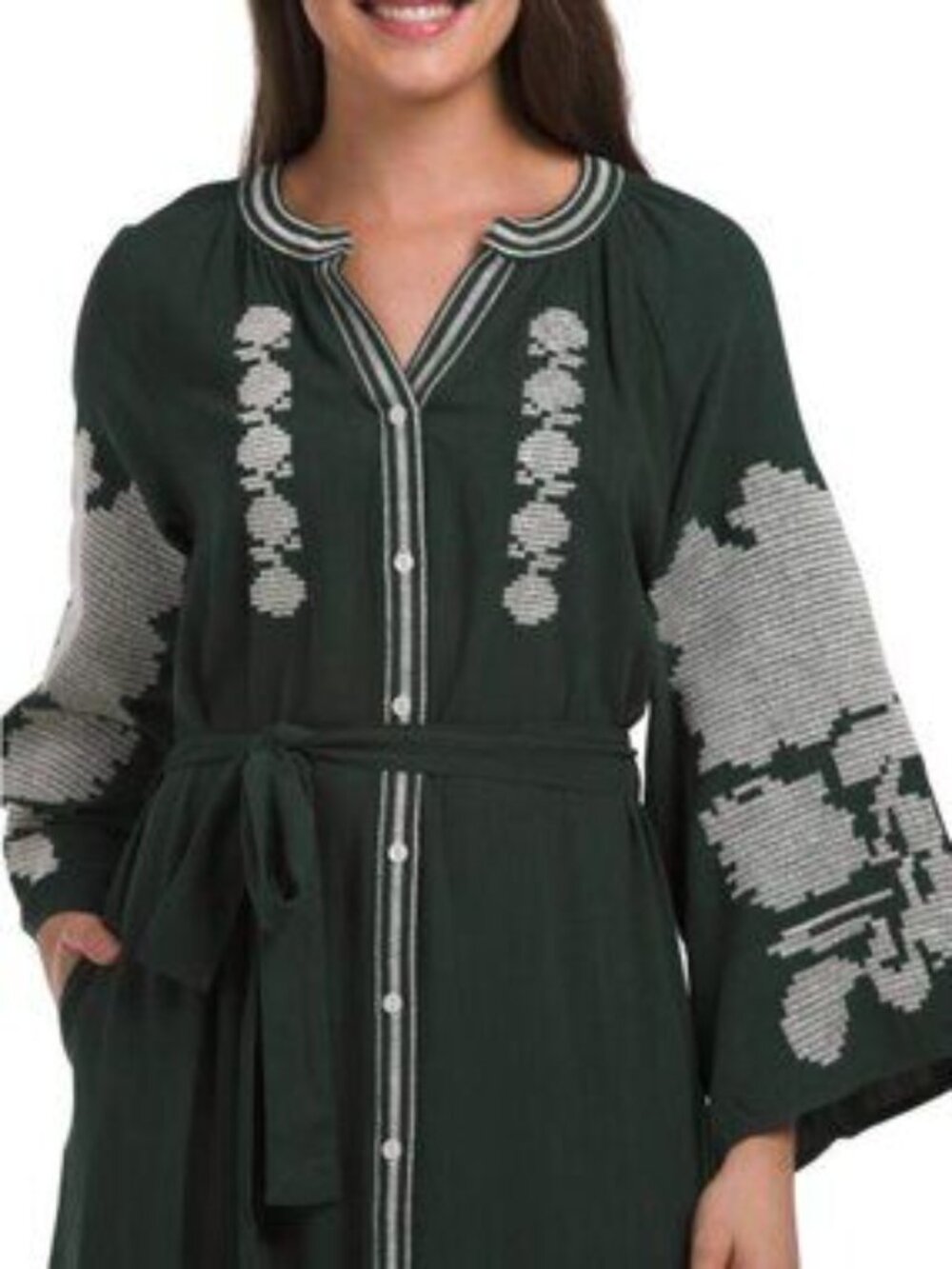 SOLITAIRE Linen Blendbell Sleeve Embroidered Maxi Dress - Picture 3 of 4